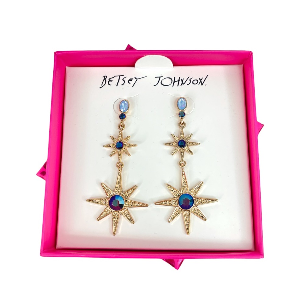 Betsey Johnson Celestial Stars Dangle Earrings Blue Gold Tone